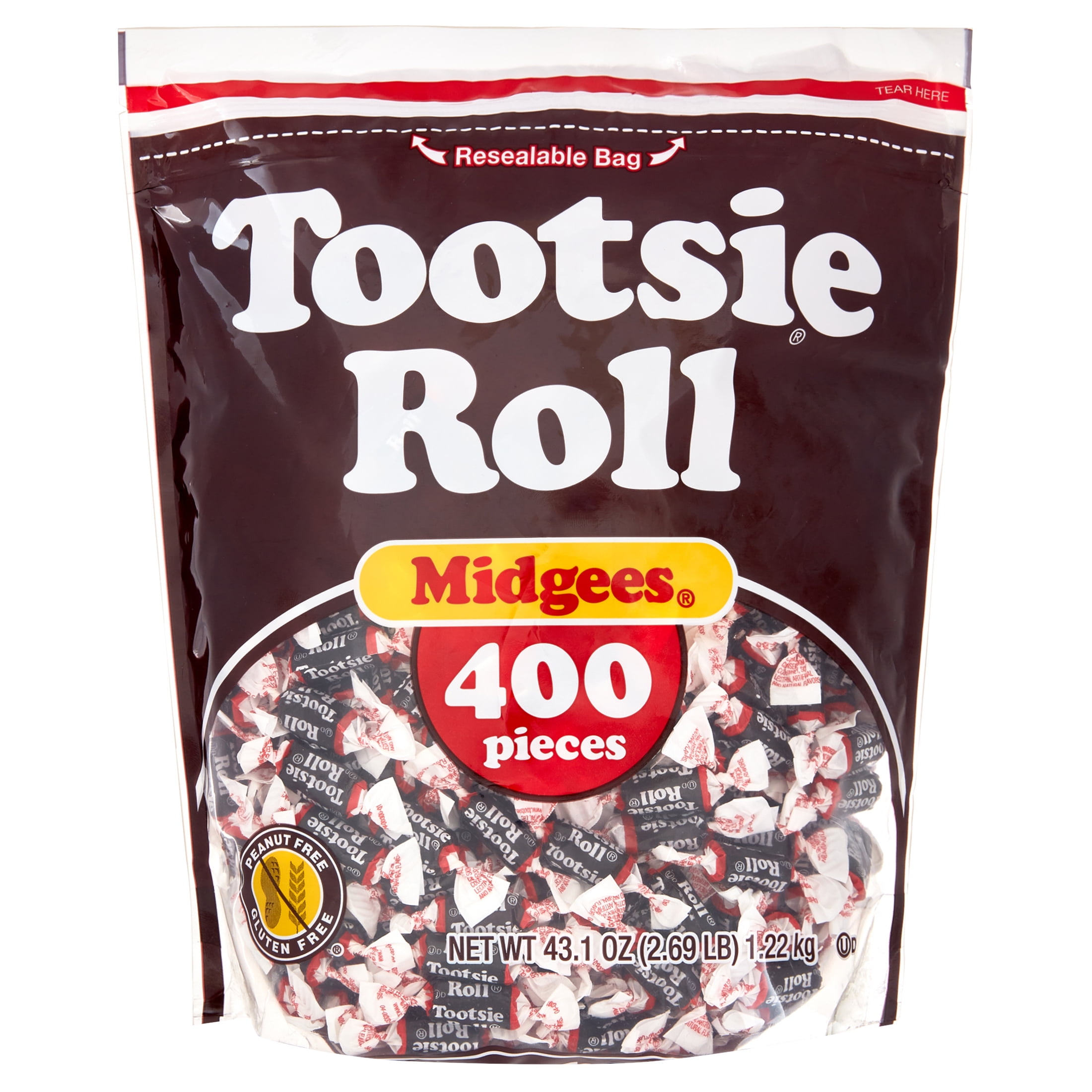 Tootsie Roll, Midgees Chocolate Candy, 43.1 oz (400 Pieces), Peanut Free, Gluten Free, Contains Milk and Soy.