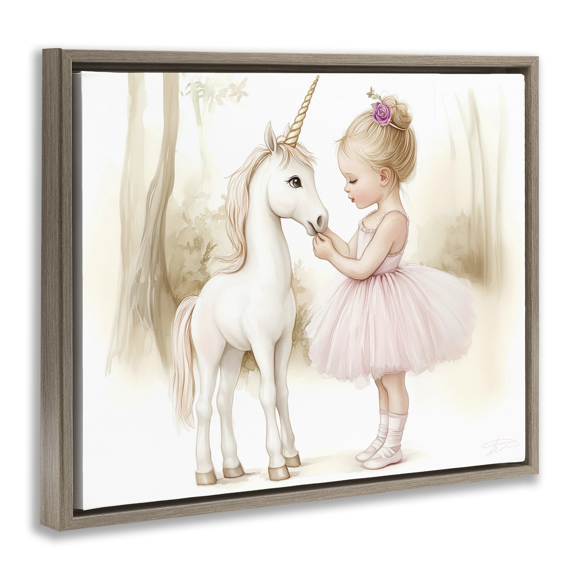 Stupell Industries Girl & Unicorn Friendship Brown Framed Floater Canvas Wall Art, design by Whimsical Wonders