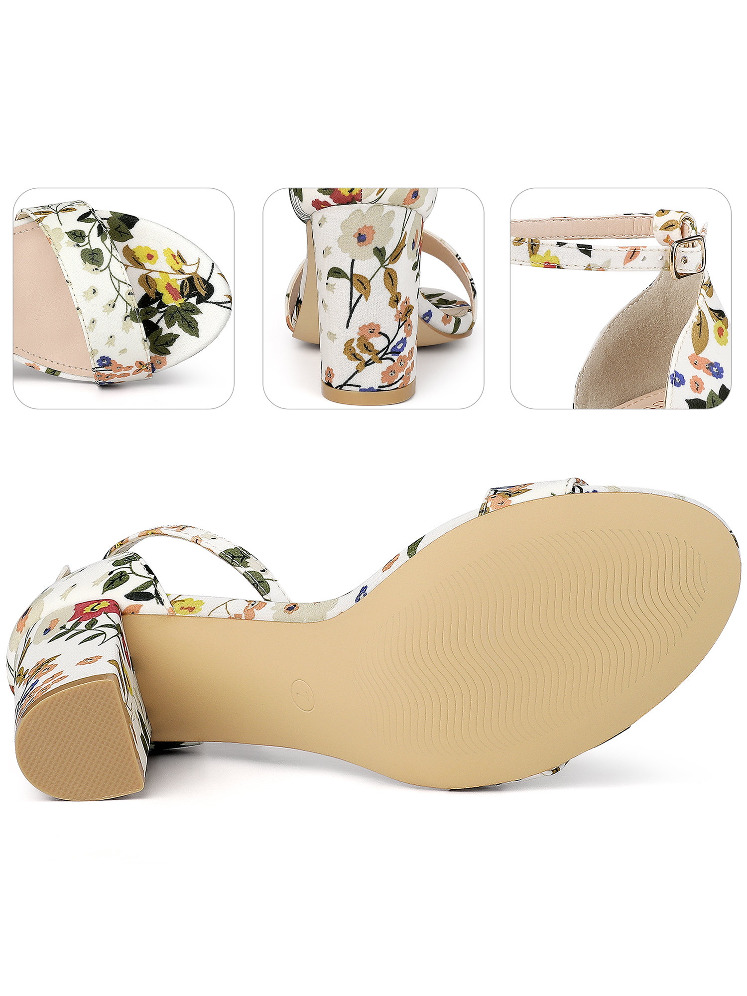 DARING DIVA Women's Floral Open Toe Ankle Strap Chunky Heel Sandals White 7
