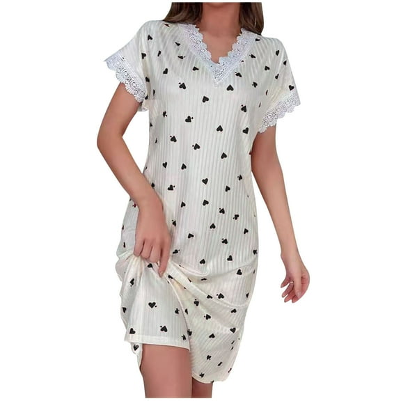Wyobmus Short Nightgowns for Women Short Sleeves V Neck Lace Sleepshirt Casual Lloveheart Print Sleepdress Black