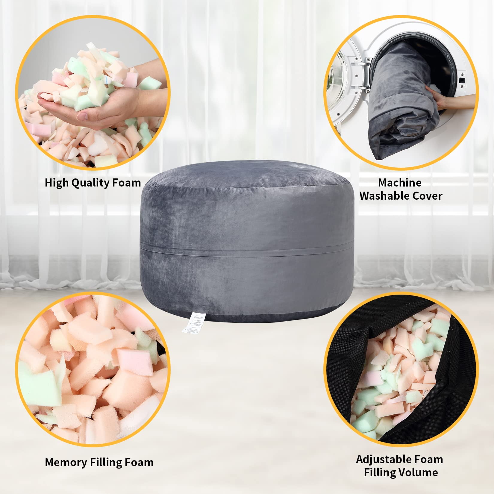 4 Foot Bean Bag Chair, Memory Foam Big Bean Bag  with Filling for Adults Teens and Kids, Big Soft Sofa with Fluffy Removable Microfiber Cover for Living Room, Bedroom