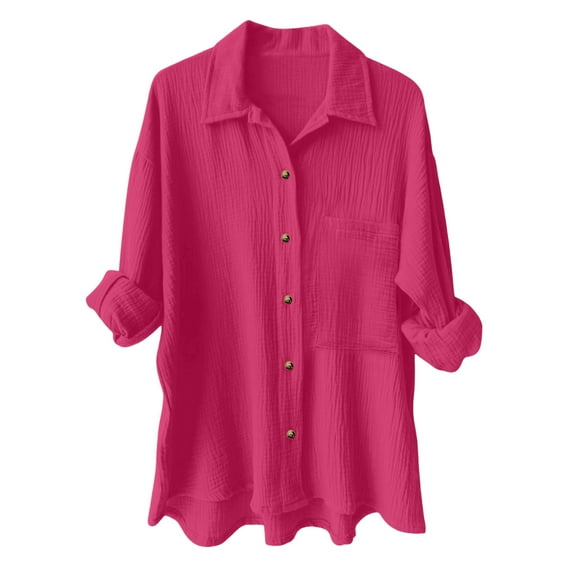 felwors Women's Collared Button Down Shirt - Relaxed Fit Crinkle Gauze Blouse with Chest Pocket and Roll-Tab Sleeves Hot Pink, S