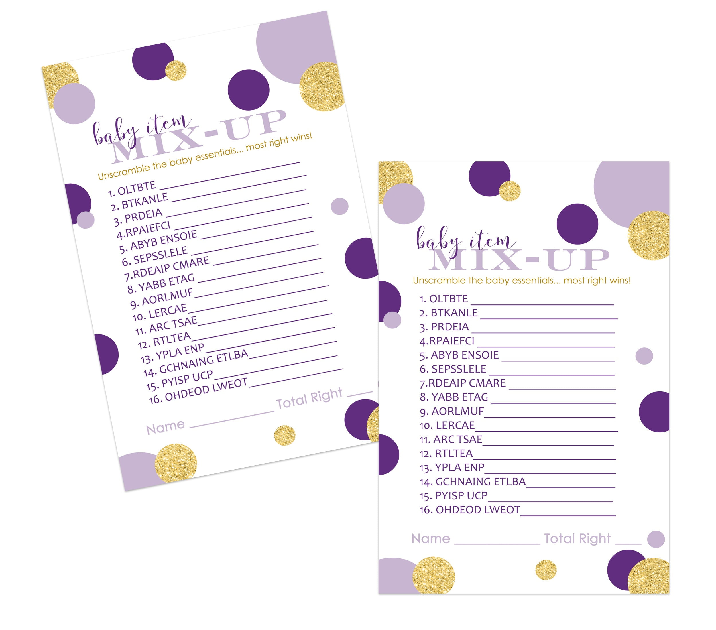 Purple and Gold Baby Shower Word Scramble Game Pack of 25 Unscramble Activity Cards for Gender Reveal Mermaid Princess Abstract Dots Theme (4x6) Paper Clever Party