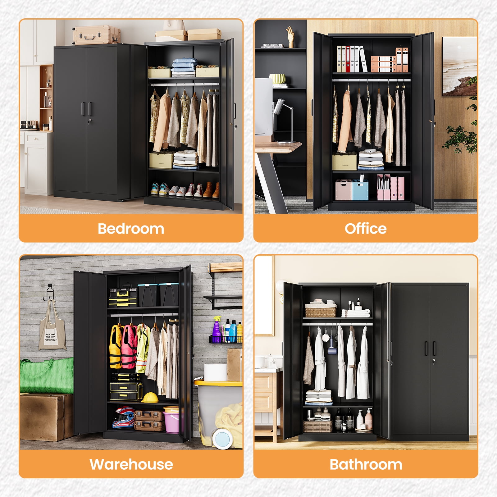 STANI Metal Armoire Closet with Lock, 72" Tall Wardrobe Cabinet with Hanging Rod,Black Steel Clothing Locker Storage for Home,Bedroom,Office,Employee