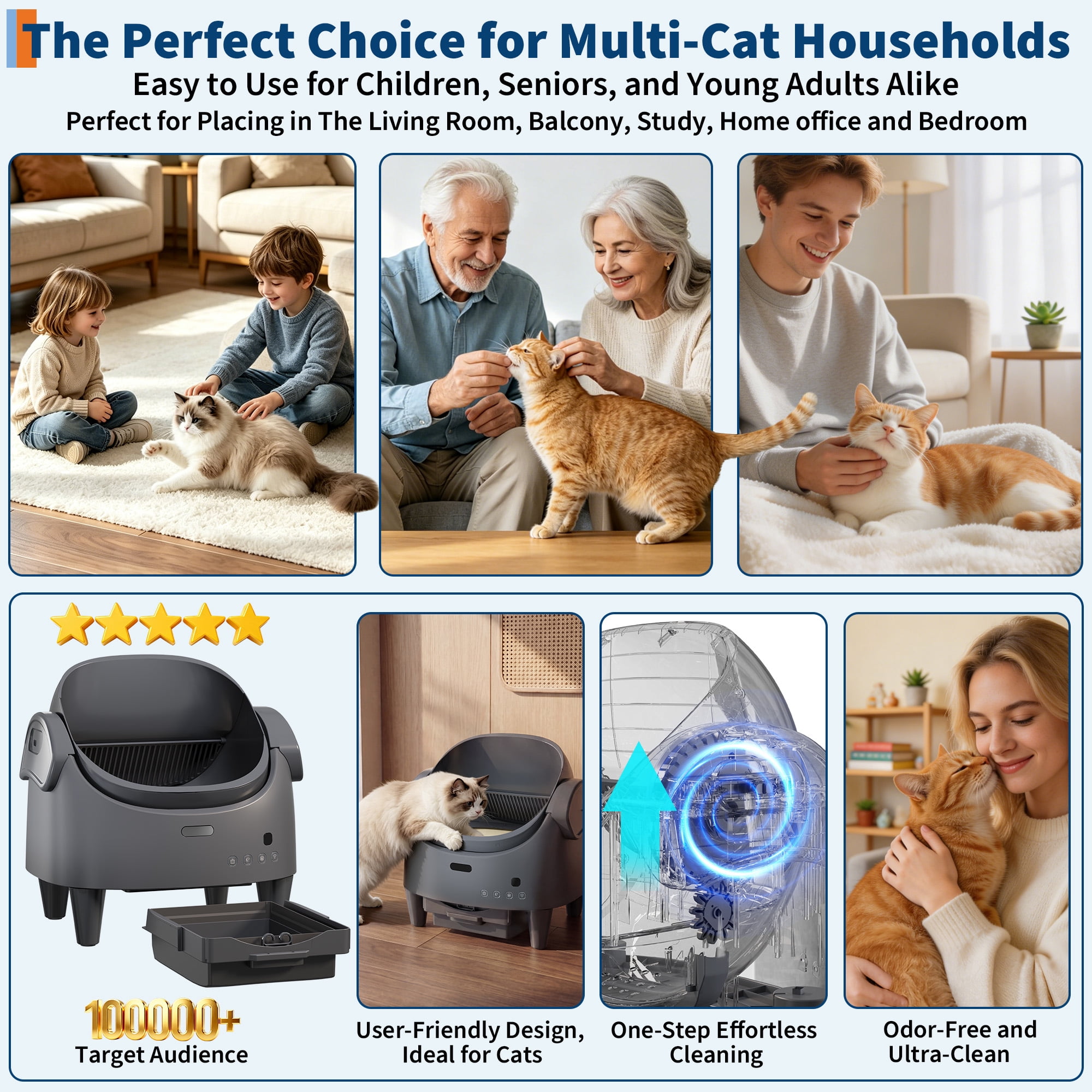 Roromall Self-Cleaning Cat Litter Box, Automatic Litter Box with Open-Top, 15-Layer Safety Protection System & Smart App Control, Cat Litter Box with Adjustable Entry Height & Odor Control