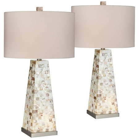 Small Coastal Living Rooms Possini Euro Design Coastal Table Lamps Set of 2 with Nightlight Mother of Pearl Handmade White Drum Shade for Living Room Bedroom ()