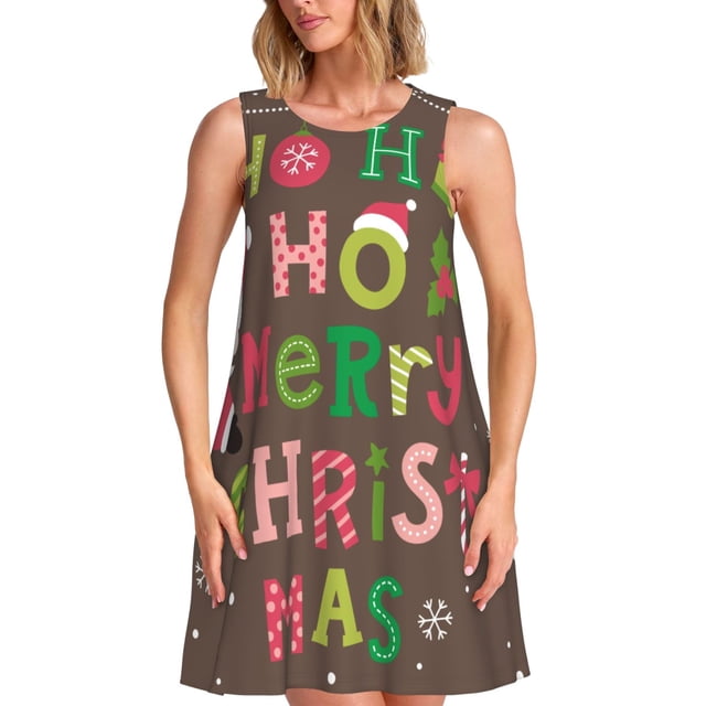 Fotbe Ho Ho Ho Merry Christmas Vestido de Verano sin Mangas para Mujer – Vestido Midi Línea A, Estilo Camiseta Floral, Vestido Playero Casual y Fluido