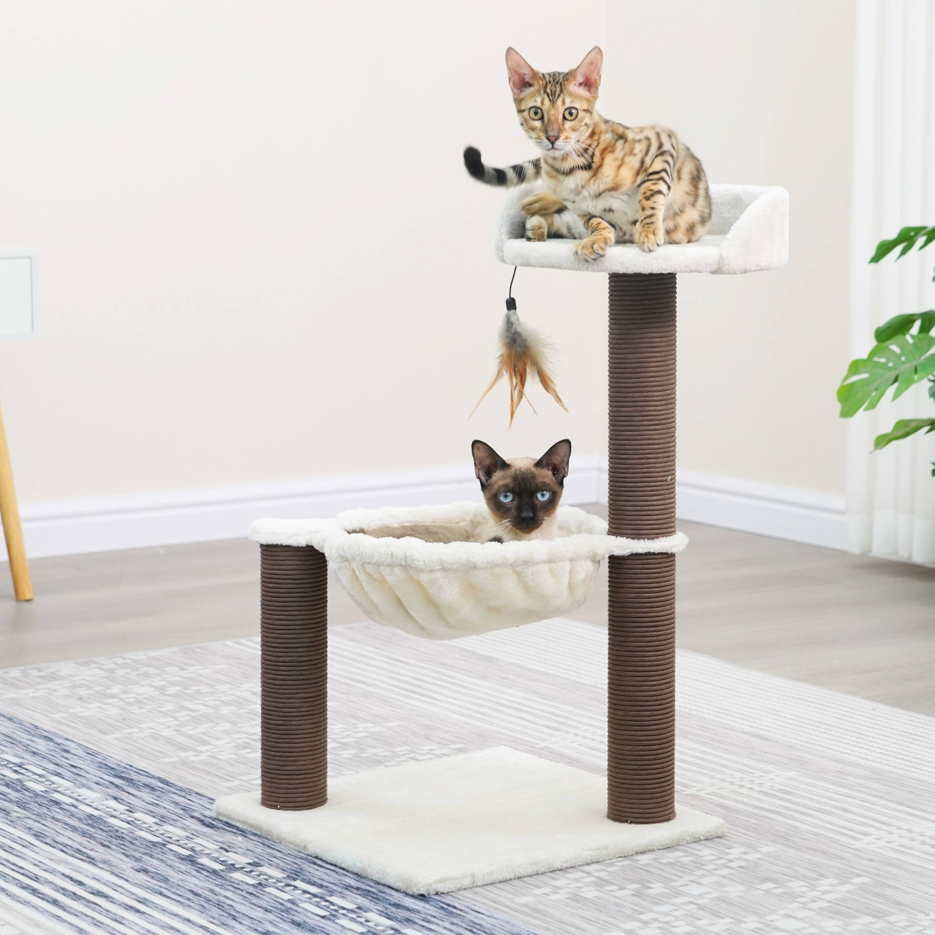Catry 3-Level Cat Tree with Sisal Hammock, Plush Perch, Scratching Posts, Modern Design, Beige