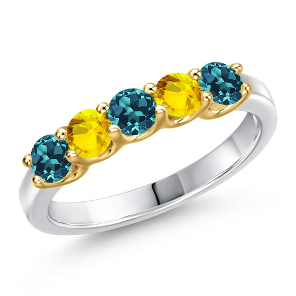 Gem Stone King 925 Silver and 10K Yellow Gold London Blue Topaz and Yellow Sapphire Wedding-Bands Ring for Women | 0.98 Cttw | Round 3.5MM | Gemstone November Birthstone | Size 5