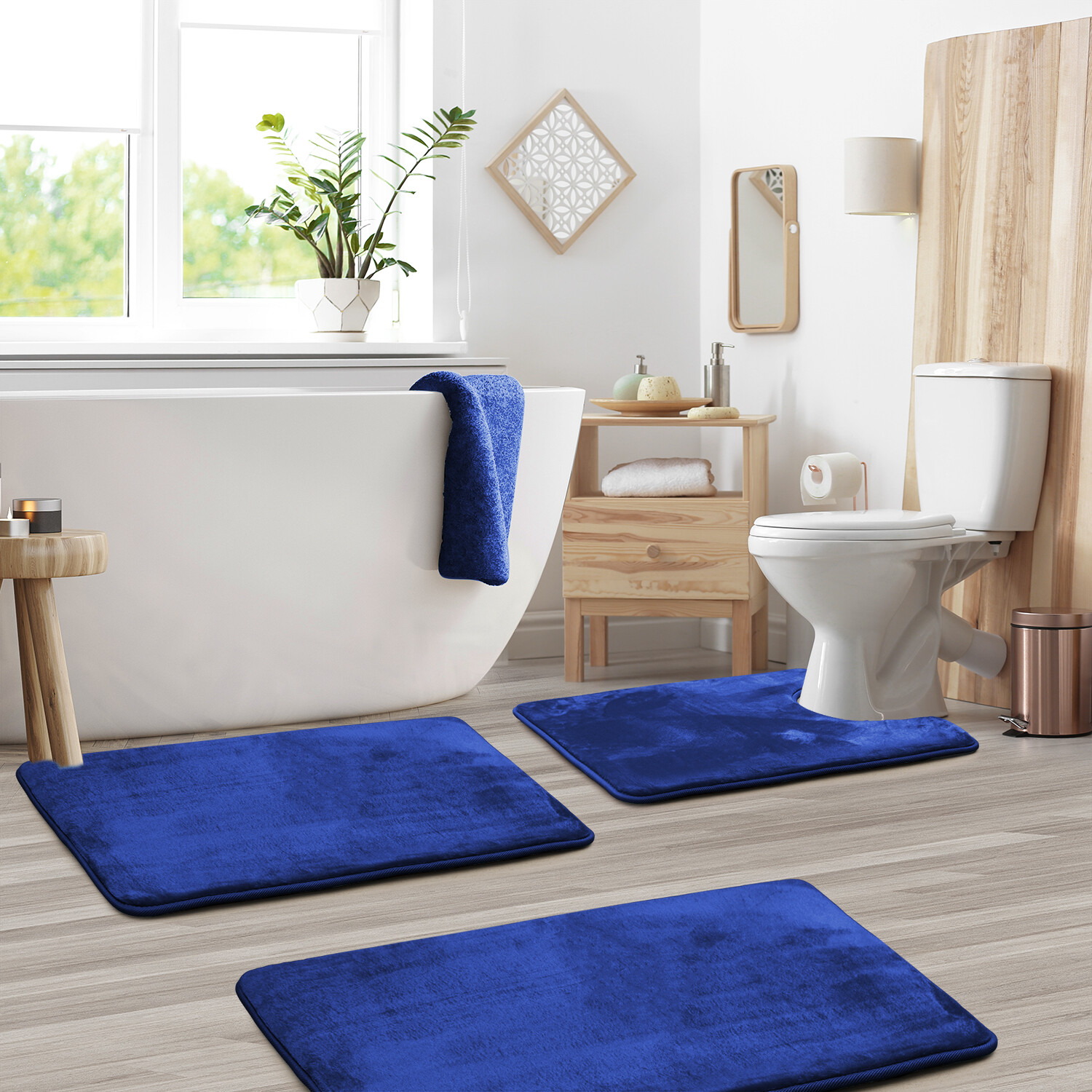 SSyao 3PC Bathroom Rug Memory Foam Bath Mat Set - Small Large and Contour Bath Rugs,Blue