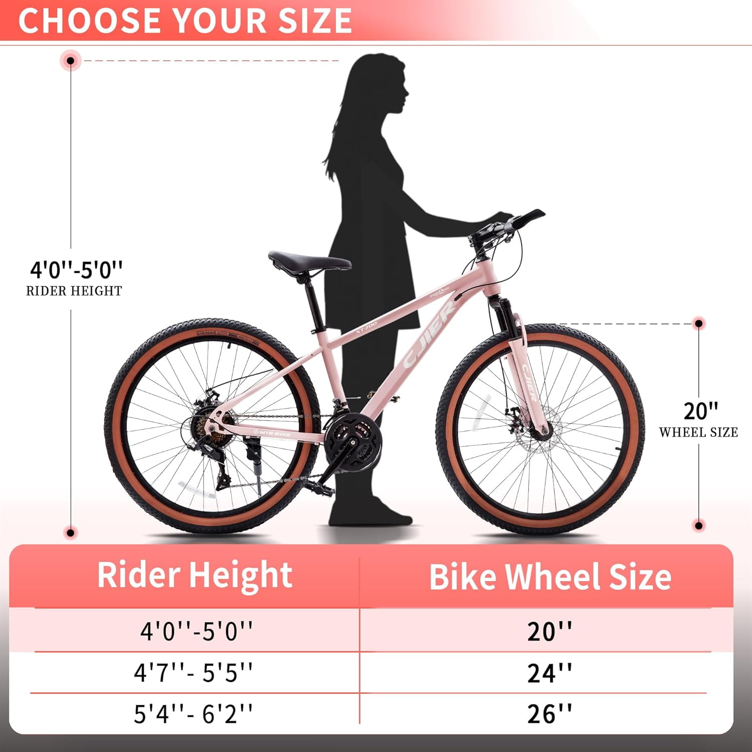 Cuoote Bicycle, 20" Mountain Bike 21-Speed with Dual Disc Brakes, Suspension Fork, Internal Cable Routing, 2.125" Tires, Ergonomic Grips