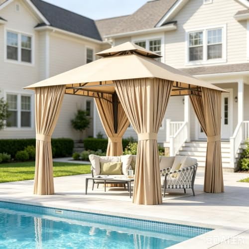 Aoxun 8x8 Gazebo with Curtain & Mosquito Netting Outdoor Gazebo with Double Roof, Patio Tent with Zipper Screens Backyard Garden Lawn Shelter, Light Beige