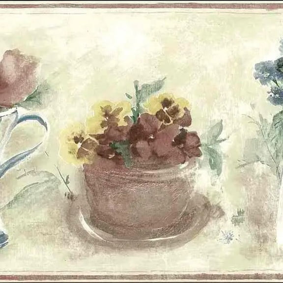 Concord Wallcoverings Wallpaper Border Floral Pattern Leaves Flower Vases Pots for Living Room Kitchen Dining Area, Pastel Blue Green Brown Red Cream, 9 Inches by 15 Feet OA72854
