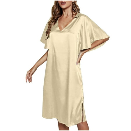 GHSOHS Robes for Women Nightgown Womens Robes Solid Color Ice Silk Nightdress Summer Short Sleeve Women s Gown Sleepwear Sleepshirt Robe Pajamas Nightgown Homewear Lingerie