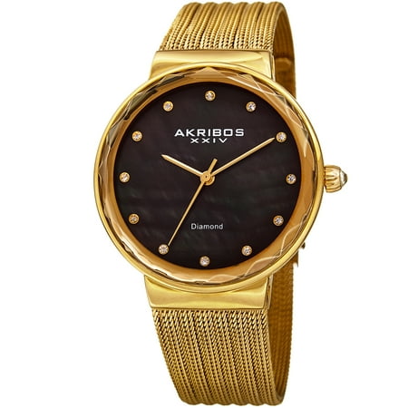 Akribos XXIV Women's Gold Diamond Watch - Crystal Studded Bezel - Black Mother of Pearl Dial - Stainless Steel Mesh Bracelet - AK1009