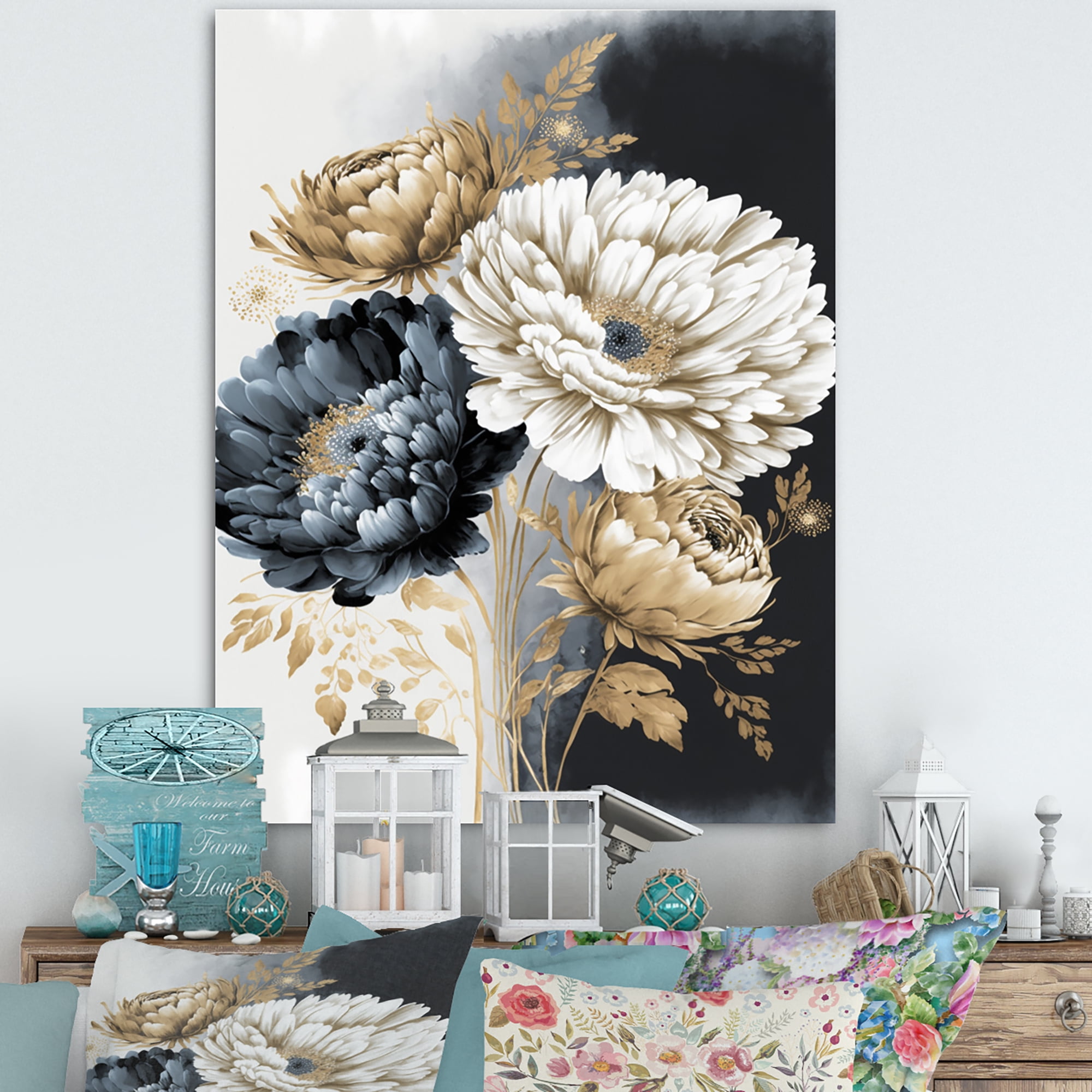 Designart White Watercolor Daisies Canvas Wall Art