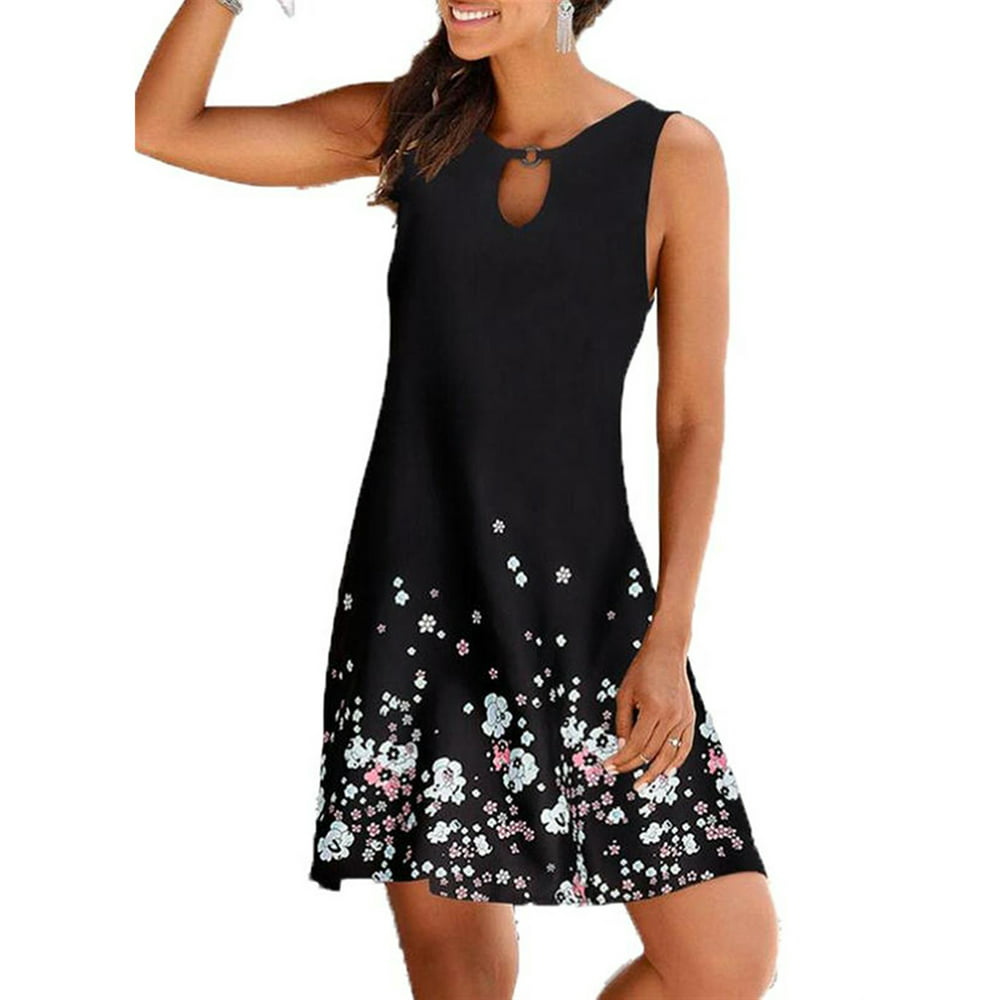 LEADOKO - Women Casual Mini Dress Summer Sleeveless Print Beachwear ...