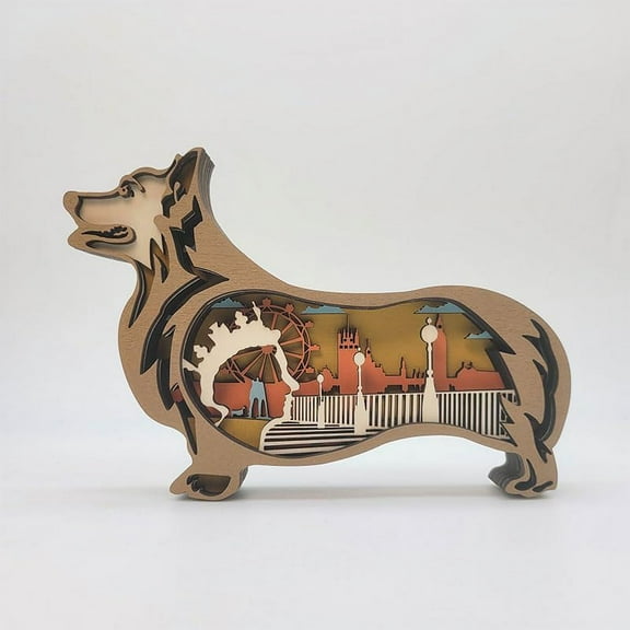 3D Wooden Animals Carving, Welsh Corgi Decor Multi-Layered Wood Carved Corgi Dog Statues Wall Hanging Figurines Rustic Sculpture Silhouette Ornament Dog Art for Living Room Bedroom Room for Presents