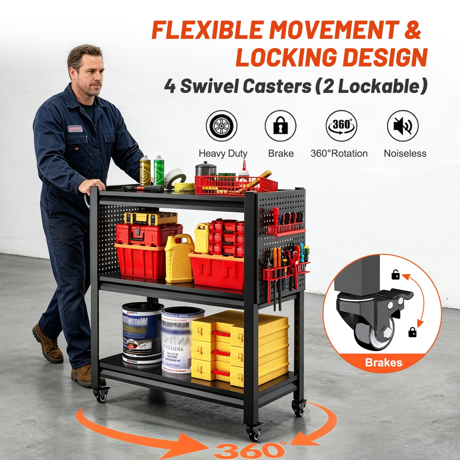 3 Tier Tool Cart on Wheels, Heavy Duty Metal Service Cart with Pegboards, 660 LBS Load Capacity Tool Utility Cart, Industrial Utility for Garage, Warehouse, Workshop