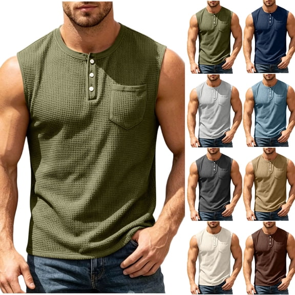 Eltusu Men's Tank Tops with Pockets, Button Basic Sleeveless Crew Neck Muscle Shirts Army Green Size 2XL