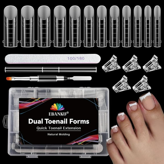 Kalolary 120 PCS Poly Gel Nail Forms for Toes, Long Square Dual Forms for Polygel Pedi Extension Poly Gel Toenails Set with Nail Clips Brush Pe Nail File Reusable Tips Mold for Nail Design