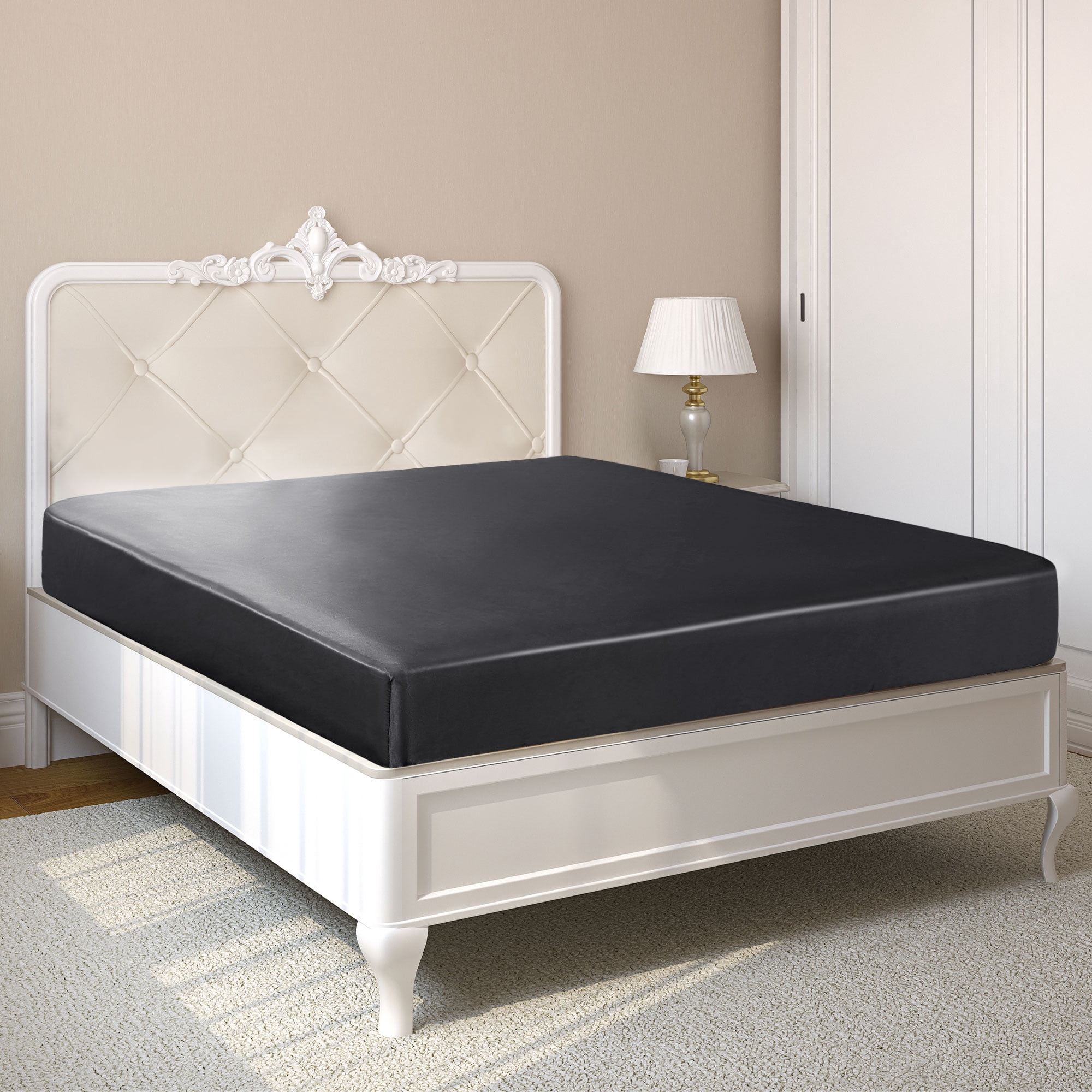 Unique Bargains 12" Large Pocket Satin Silk Fitted Sheet Twin Black