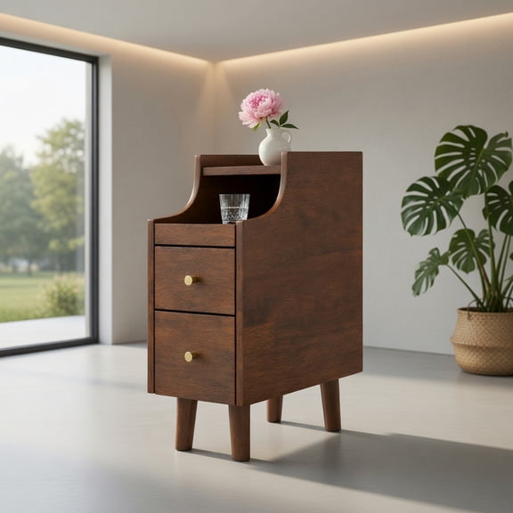 Resenkos Solid Wood End Table with Pull out Tray and 2 Storage Drawers, Narrow Bedside Table, Nightstand for Bedroom, Brown