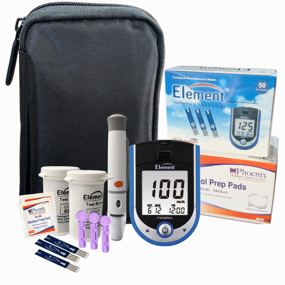 Glucómetro Element Kit Completo: 50 Tiras, 50 Lancetas, 100 Toallitas con Alcohol, Estuche - Auto-Codificación Automática
