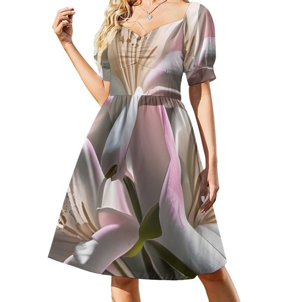 Hermosas lirios rosas y blancos Arte digital. Vestido de manga corta Vestidos Falda de mujer