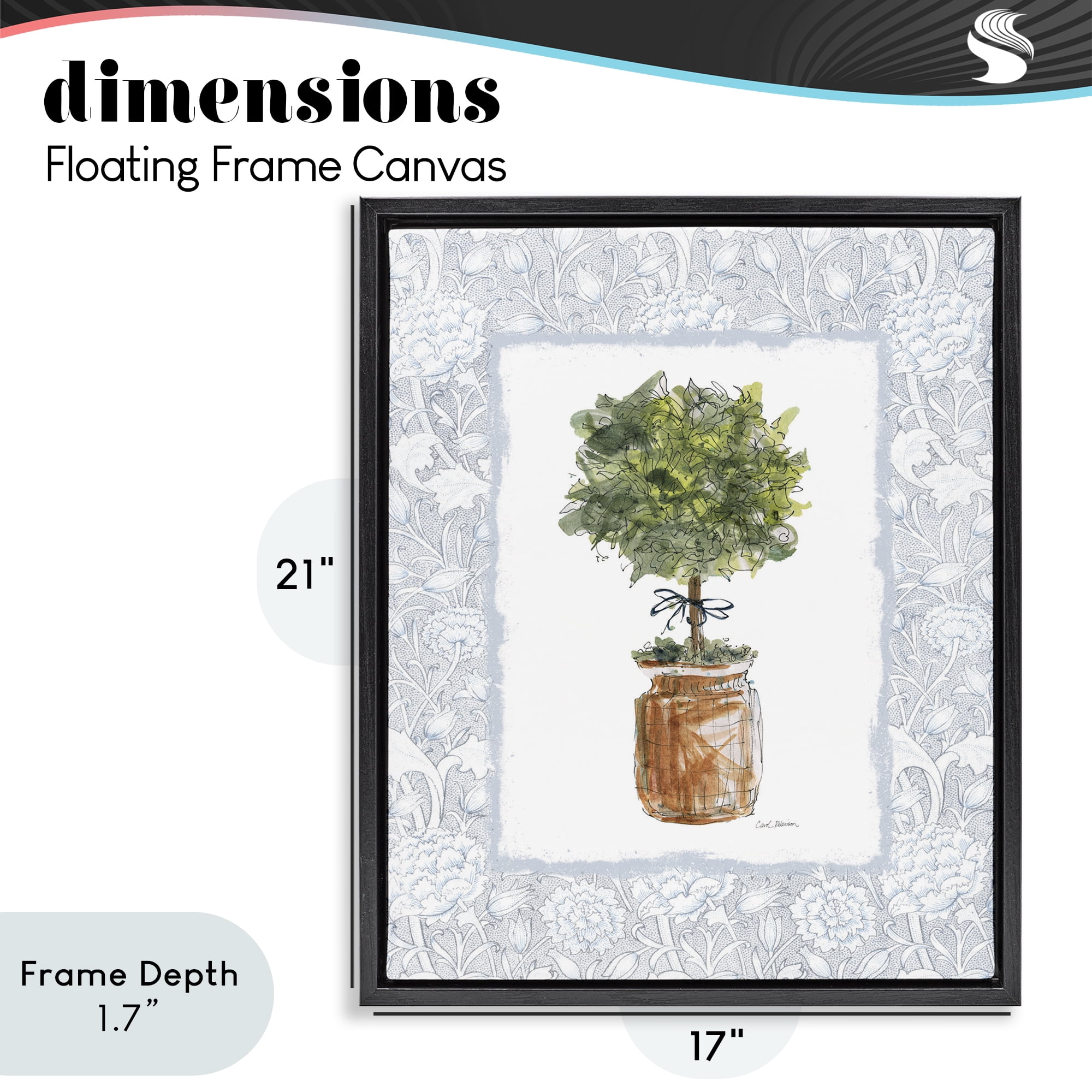 Stupell Industries Potted Topiary with Ribbon Black Framed Floater Canvas Wall Art, design by Carol Robinson