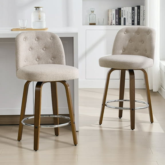 WOOW DEPOT Button-tufted Swivel Bar Stools Set of 2, 26" Upholstered Linen Fabric Barstools w/ Mid-back Wood Legs Large Seat, Mid Century Modern Bar Chair Island Stool for Kitchen Counter