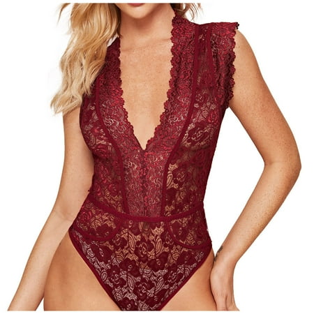 

Qcmgmg Lace Halter Bodysuit Teddy Lingerie for Women Deep V Floral Babydoll M