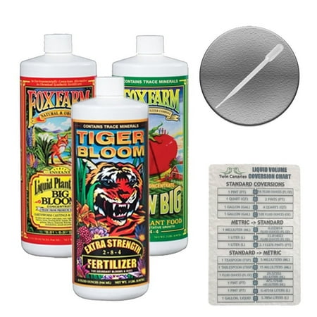 Fox Farm Liquid Nutrient Trio Soil Formula: Big Bloom, Grow Big, Tiger Bloom (Pack of 3 - 16 oz. bottles) 1 Pint Each + Twin Canaries Chart & (Best Fertilizer For Blooms)