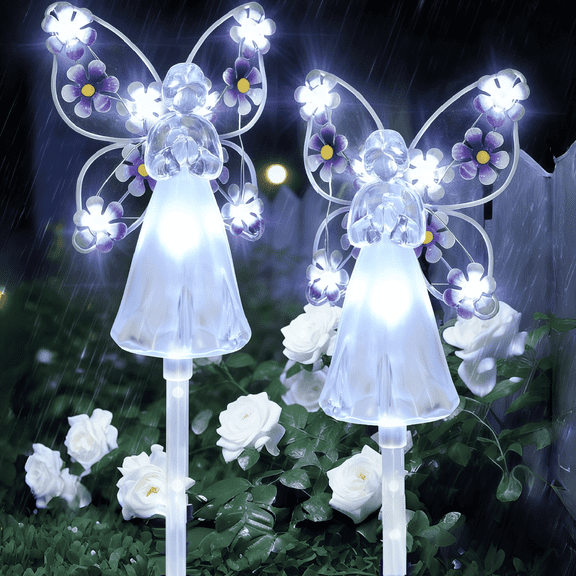 Solar Angel Garden Stake Lights, 2 Pack Waterproof Solar Lights Outdoor with 14 Purple LEDs, Angel Statue Garden Lights for Yard, Lawn, Cemetery & Grave Decor