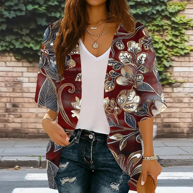 Xuyuer Cardigan for Women 3/4 Sleeve Lightweight Summer Kimono Cardigan Loose Beach Cover Up 2026 Summer Cardigan Casual V Neck Cute Tops Floral Kimono Summer Short Cover Ups