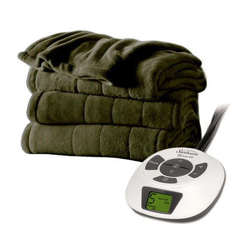 Sunbeam Channeled Velvet Plush Electric Heated Blanket Full Size Olive