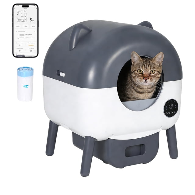 Automatic Self Cleaning Cat Litter Box with App Control and Triple Safety Protection, 76L Electric Litter Box with Washable Liner and Garbage Bags for Multiple Cats, Light Gray Dark Gray