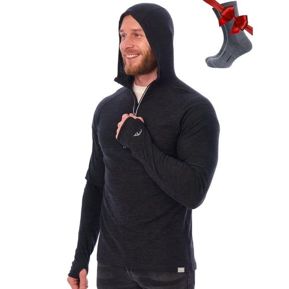 Merino.tech Men's Merino Wool Quarter Zip Hoodie with Socks, Charcoal Gray, Size L