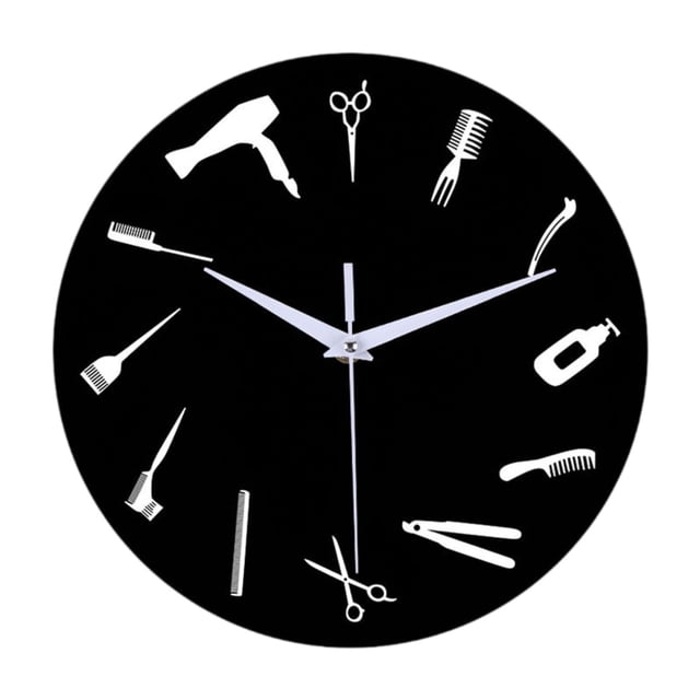 Reloj de pared redondo, decoración para colgar en la pared, regalo minimalista multiusos para barberos. Fondo negro