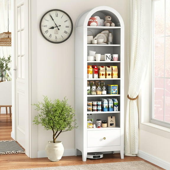 71" Tall Arched Storage Cabinet with Doors & Shelves – Multi-Purpose Pantry Cabinet for Kitchen, Bathroom, Living Room, Bedroom, Entryway & Office (White)