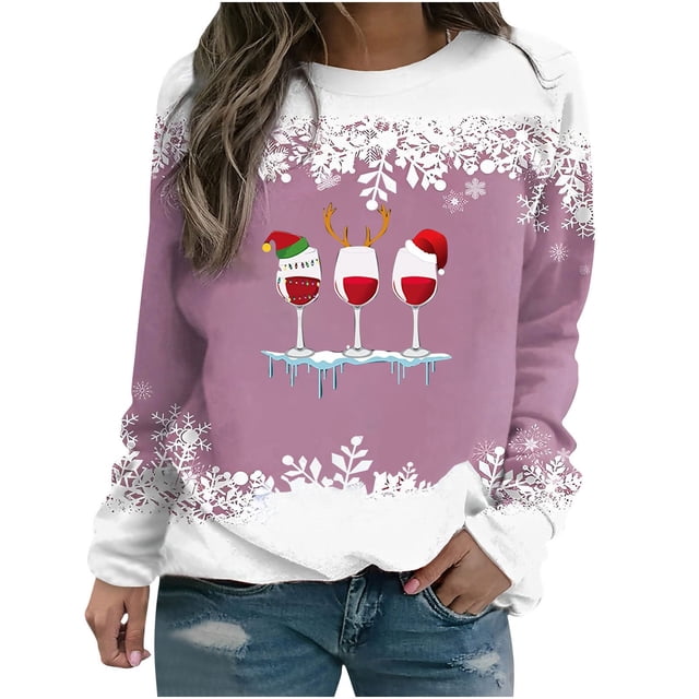 Chandails à Capuchon de Noël pour Femmes, T-shirt d'Hiver Imprimé Ample, Blouse à Manches Longues, Col Rond, Hauts Décontractés, Mode Féminine, Chandails à Capuchon et Chandails en Molleton en Liquidation