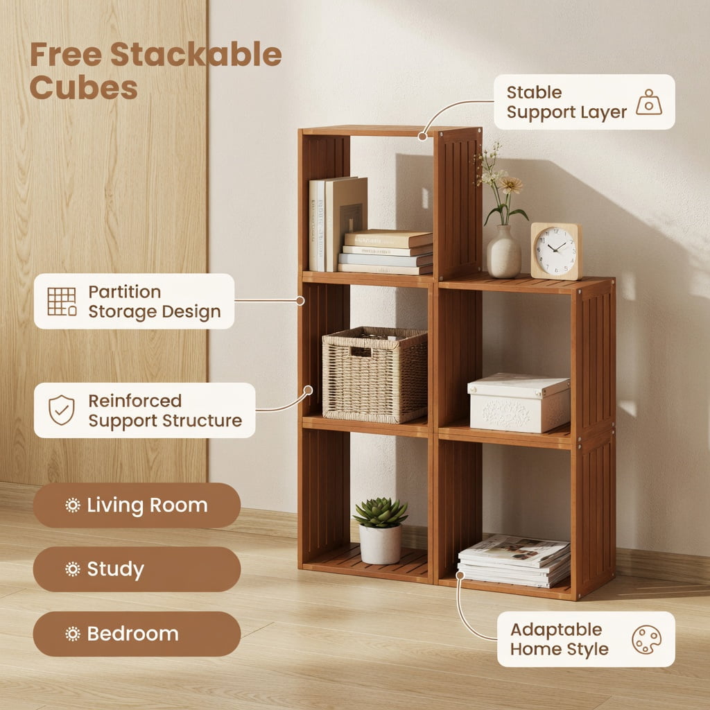Demi Bonn 3-Cube Bookcase, Solid Wood Construction, Stackable Design, Open Slatted Shelves, Storage Organizer