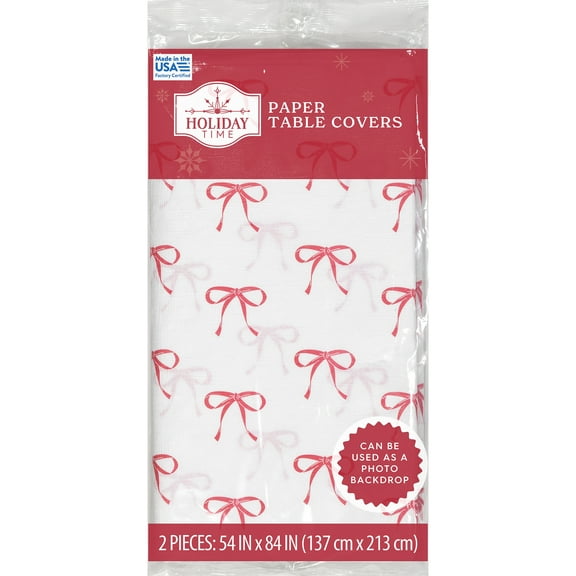 Christmas Bows Disposable Paper Tablecloth, Red and White, 54" x 84", 2 Count, by Holiday Time