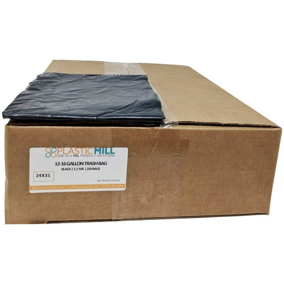 PlasticMill 12-16 Gallon Garbage Bags: Black, 1.2 Mil, 24x31, 250 Bags/Case, Garbage Bags / Trash Can Liners.