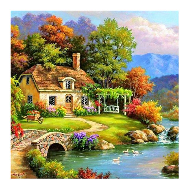 5D DIY Diamond Painting Kits Full Round Drill Forest House Mosaico Imagen Pared