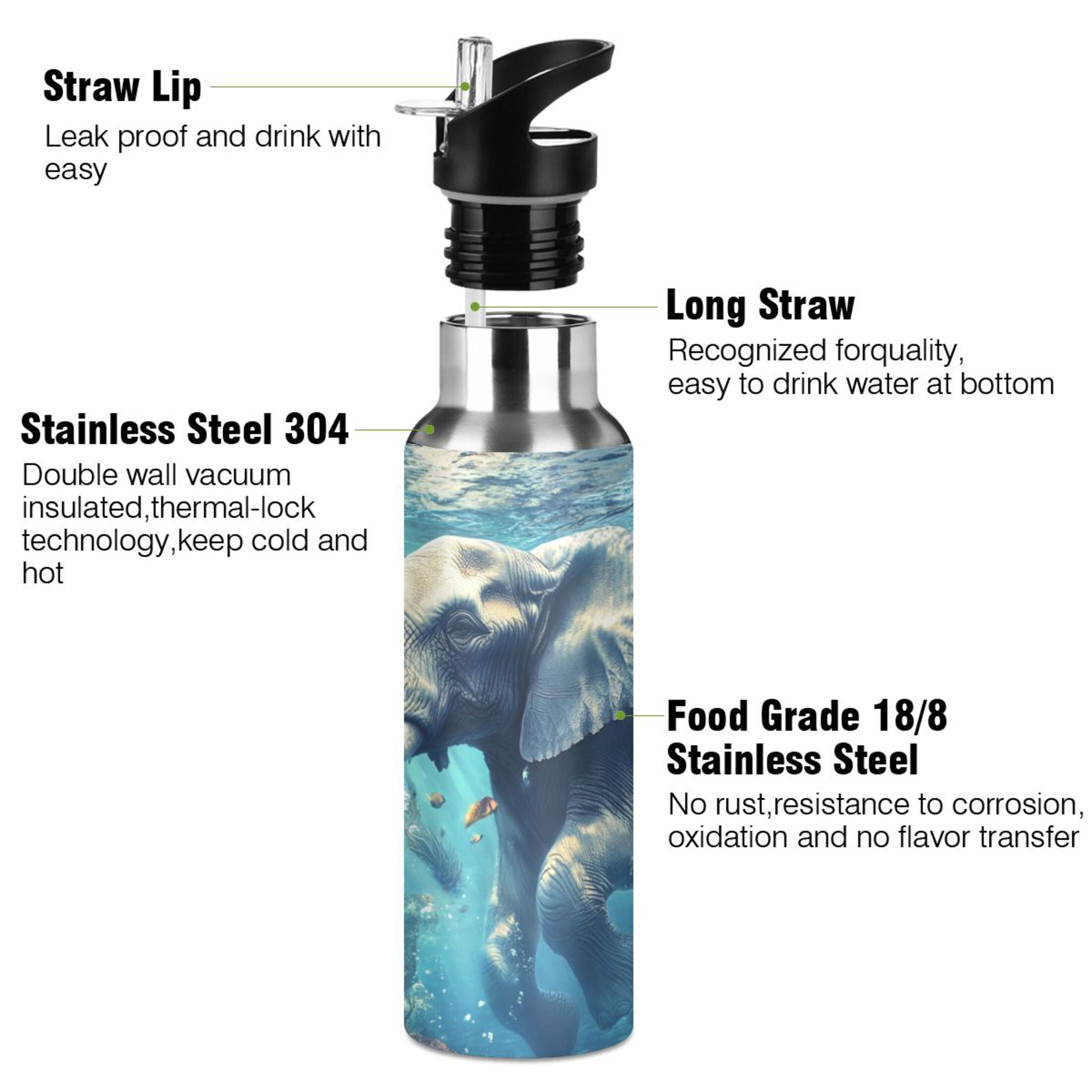 Elephant Swimming under Sea Sports Bottle with Straw Stainless Steel Water Jug Portable Thermal Cup Leak-proof 1000ML