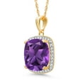 thumbnail image 4 of Gem Stone King 10K Yellow Gold Purple Amethyst and White Created Sapphire Pendant Necklace for Women (6.74 Cttw, Gemstone February Birthstone, Cushion Cut 12MM, with 18 inch Chain), 4 of 5