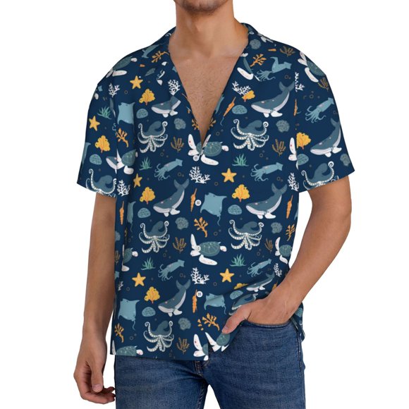 Lsque Sea Turtle print Men's Cuban Collar Short Sleeve Shirt Summer Beachwear Casual Button Down Fashionable Vacation Leisure Shirt-Large
