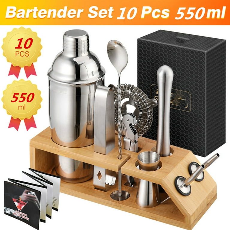 Wooden Stand Stainless Steel Bartender Kit Bar Accessories