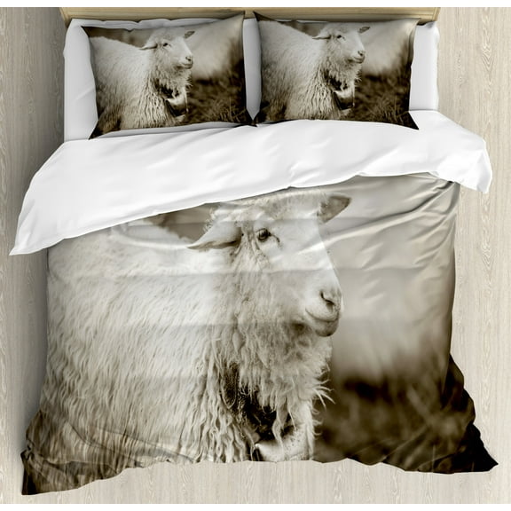 Sheep Duvet Cover Set King Size, Fluffy Wooly Sheep with a Bell in the Wild Pastures and Mountains with His Herd Image, Decorative 3 Piece Bedding Set with 2 Pillow Shams, Multicolor, by Ambesonne